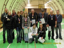 EMV 2011 medaliv�itjad noovuse paarism�ngudes; vasakult Janno Kalda, GediAver, Oliver Ojaste, Taimi Meel, vigurdav Euroopa 2009 meister Gerli Aver, Marju Lensment, Allan Vaupere ja Taimi Vaupere, Mihkel Lepist ja Andrea Uustulnd, Kaupo Helm-Rosin, Margus Saareoja